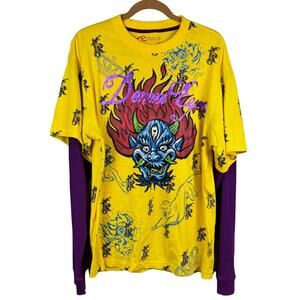 Request T-Shirt Mens XL Vibrant Yellow Crew Layered Long Sleeves Demon‎ Eyes